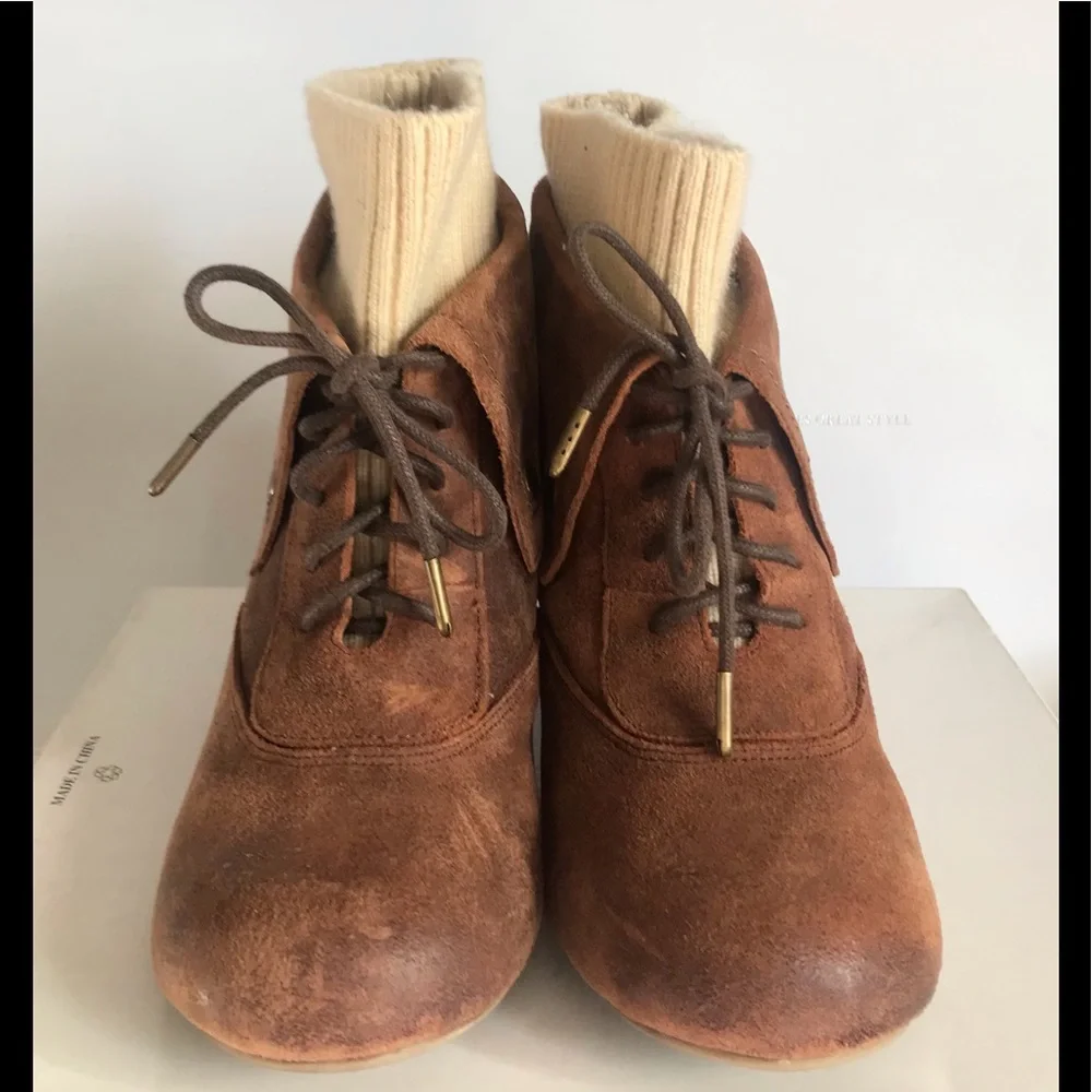 DR. SCHOLL'S BROWN SUEDE SWEATER KNIT LACE-UP ANKLE BOOT 7.5 NEW